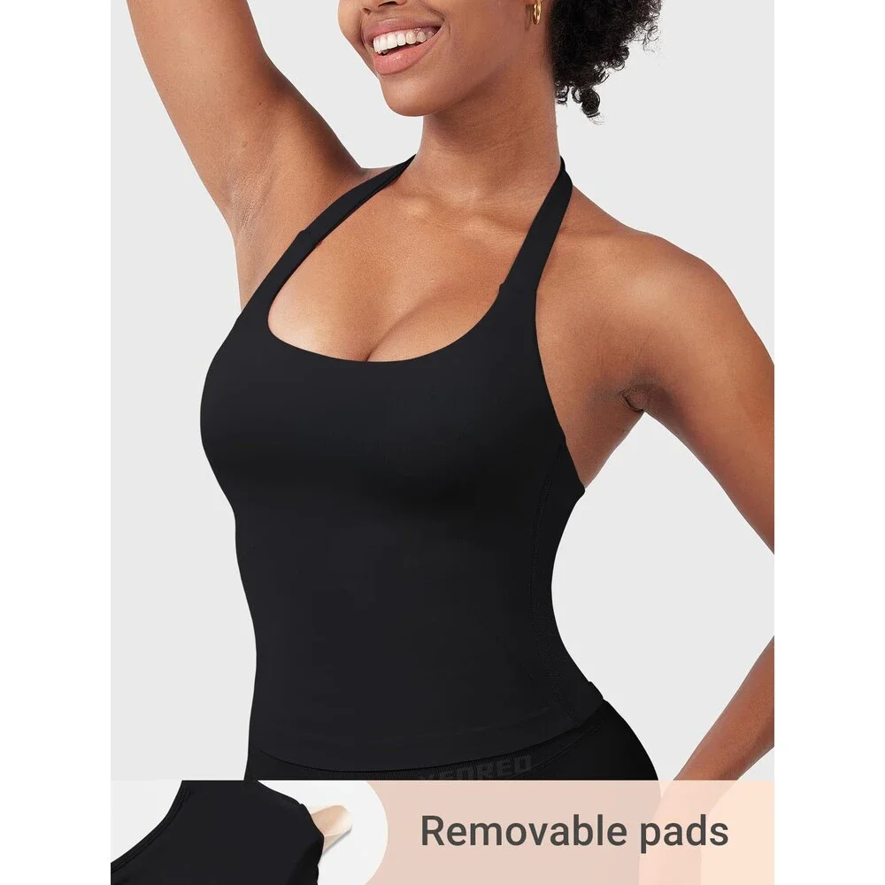 YEOREO Women's Black Softhue Impact Halter Tank Top Longline Backless Scoop XS